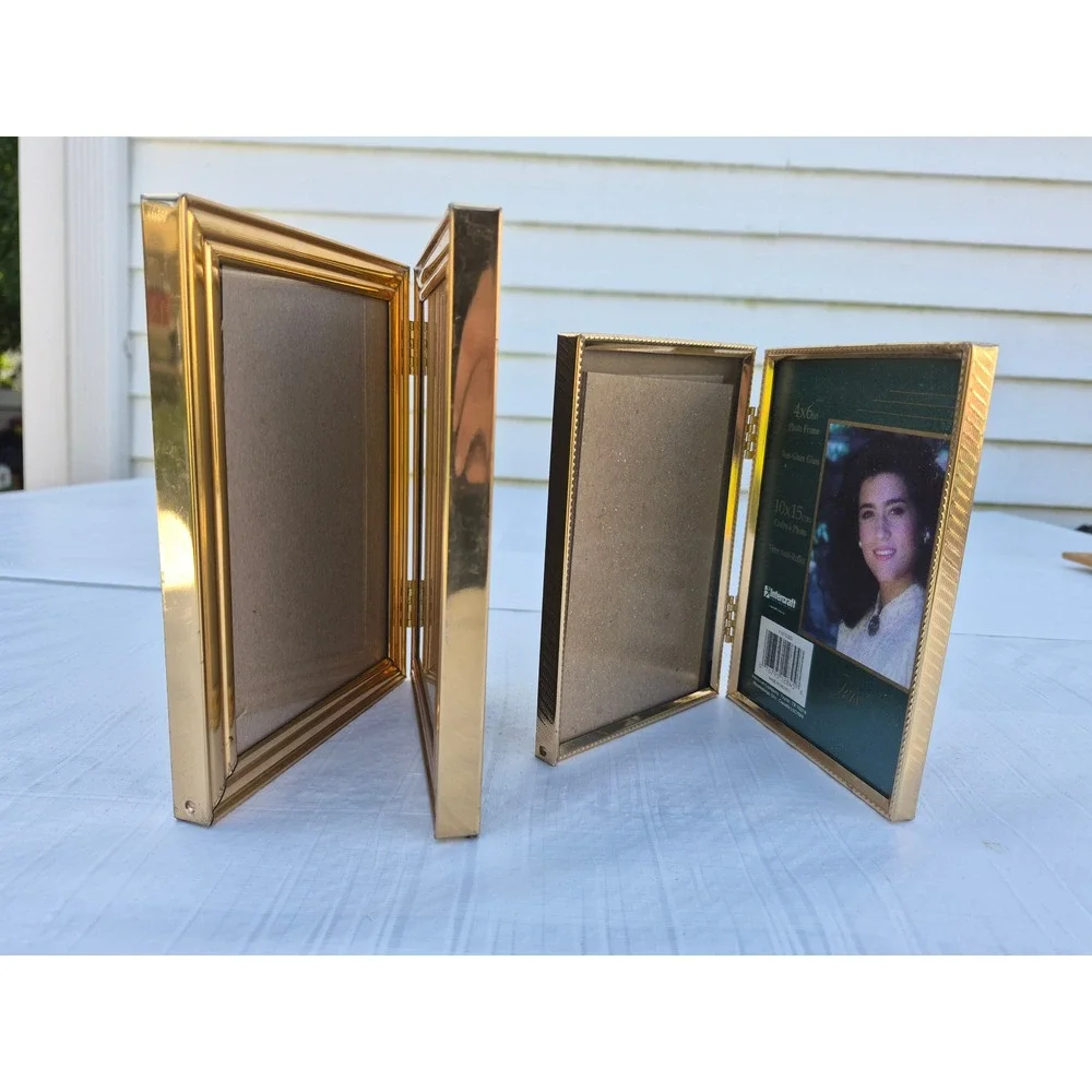 Vintage Intercraft Gold Metal Folding Double Picture Frames Set of 2 Beaded Edge
